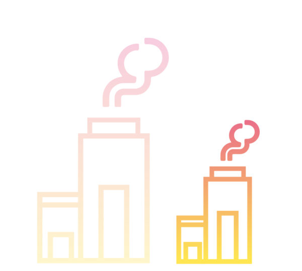 Two buildings with smoke coming out, reducing in size, icon