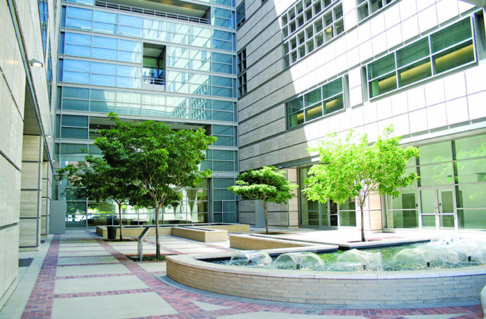 Reagan Garden of Peace courtyard with water and trees at UCLA Health