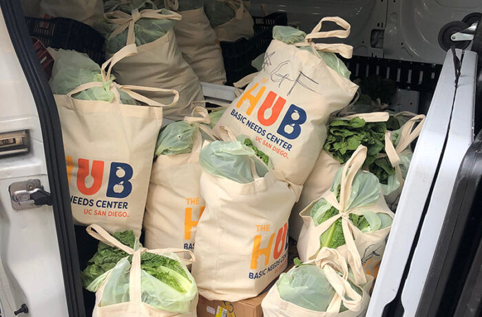 Bags of food ready for distribution in a van at UC San Diego