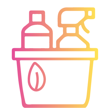 Cleaning supplies in a bucket with green leaf icon