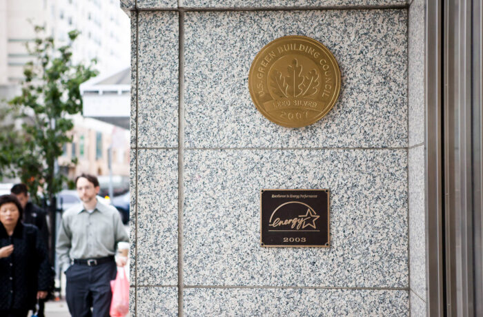 UC Office of the President LEED Silver and Energy Star Seal on exterior entrance of the building