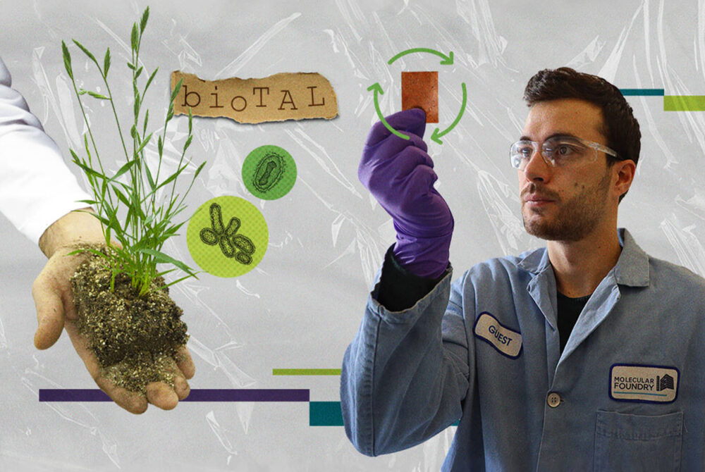 Collage with lab worker, pictures of bacteria and a hand holding a plant in soil