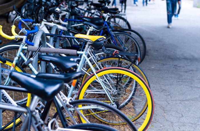 A row of parked bicycles