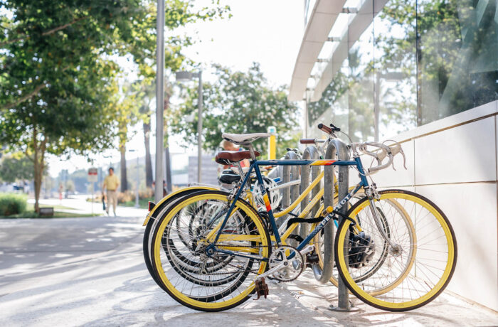 Bikes lined up on bike rack