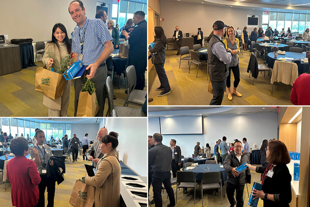 Collage of end of summit and participants choose to stay, breaking into small groups and continuing discussions and sharing ideas.