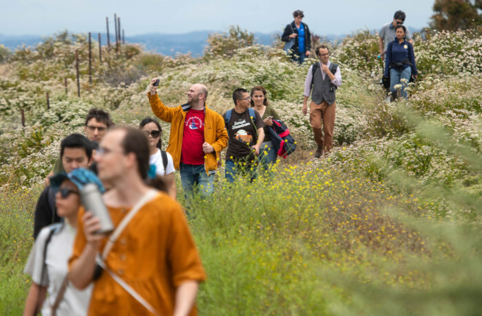 Students walking through trail in field