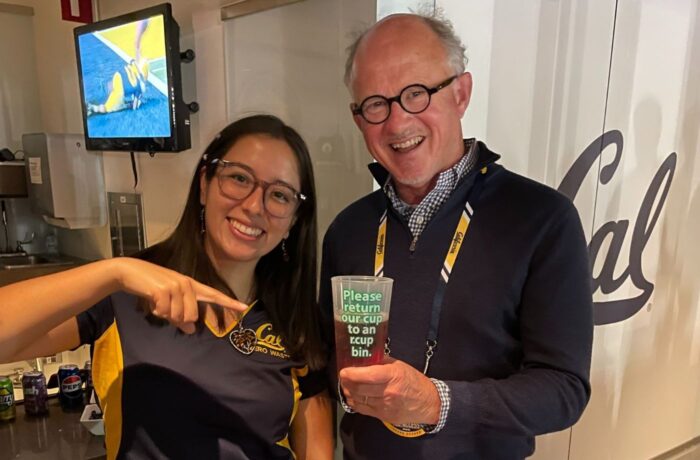 VC Fisher and student with a reusable cup