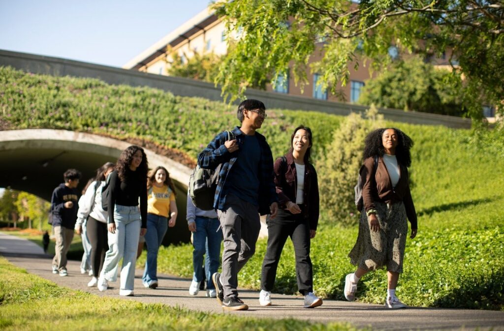 Students walking on a sidewalk through campus